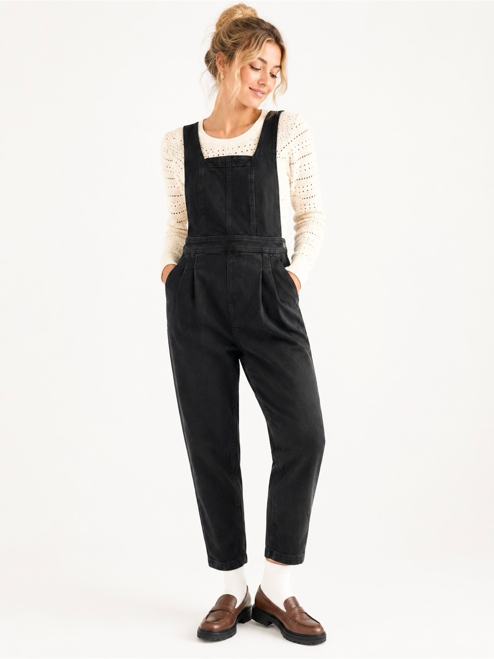 Madewell 2 Denim Tapered Overalls Jeans Black NG541 High Rise Pockets Classic